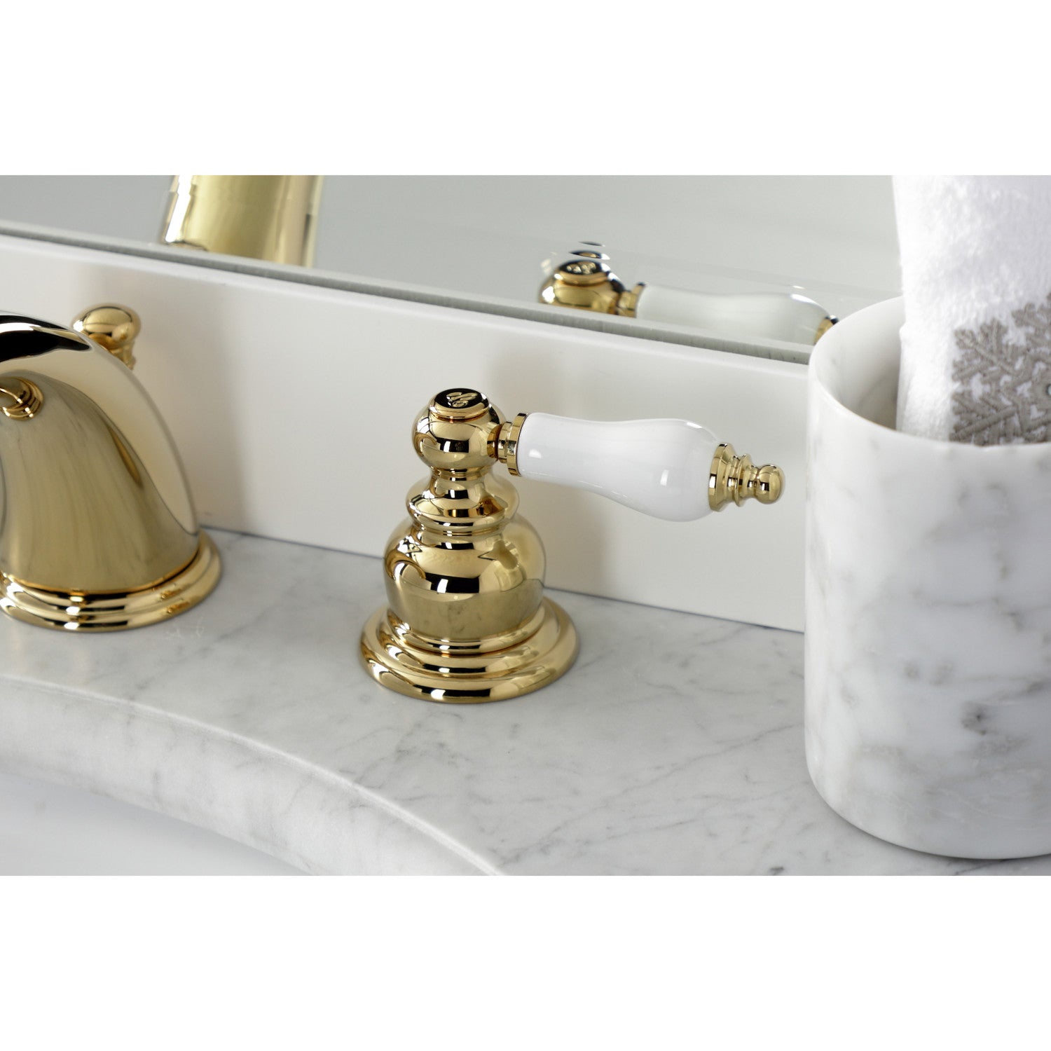 Kingston Heirloom KB972PLB - Victorian Two-Handle 3-Hole Deck Mount Widespread Bathroom Faucet with Brass Pop-Up, Polished Brass — thumbnail 3